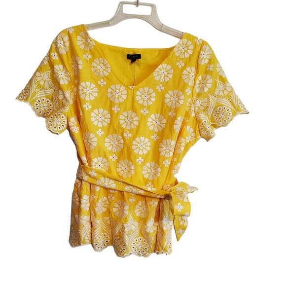 Talbots Yellow Floral Eyelet Embroidered Belted Peplum Top NWT 14P - Picture 1 of 16